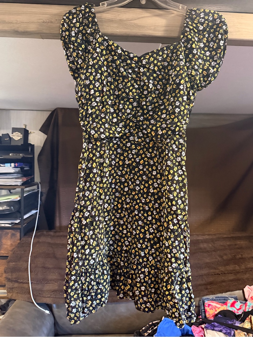 Black Floral Puff-Sleeve Women's Dress